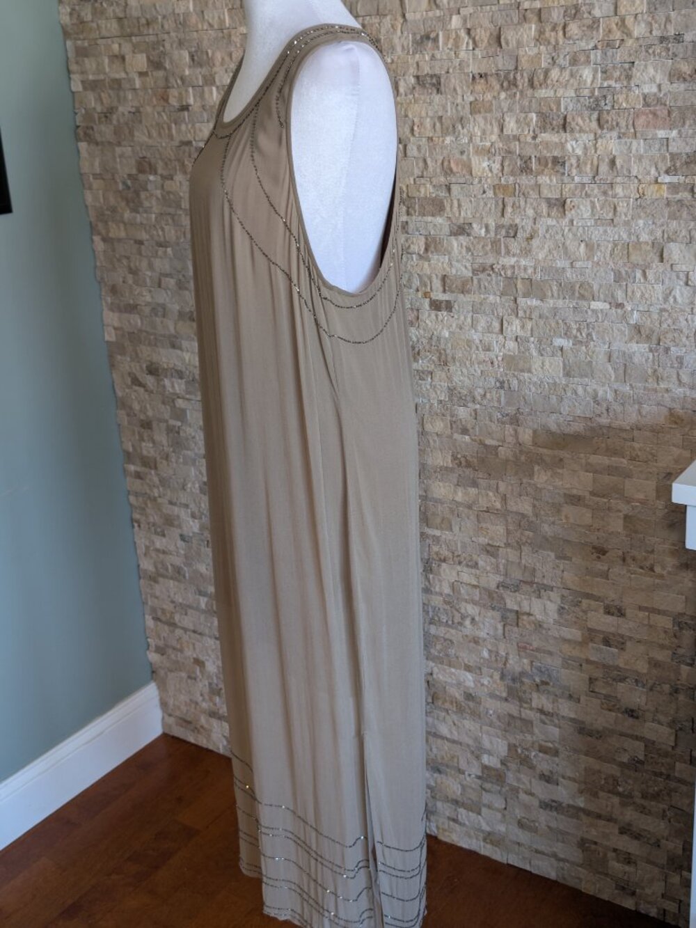 Chan Luu Beaded Maxi Dress Cardigan Set Tan Chiffon Fringe Racerback Slit L - Picture 3 of 16